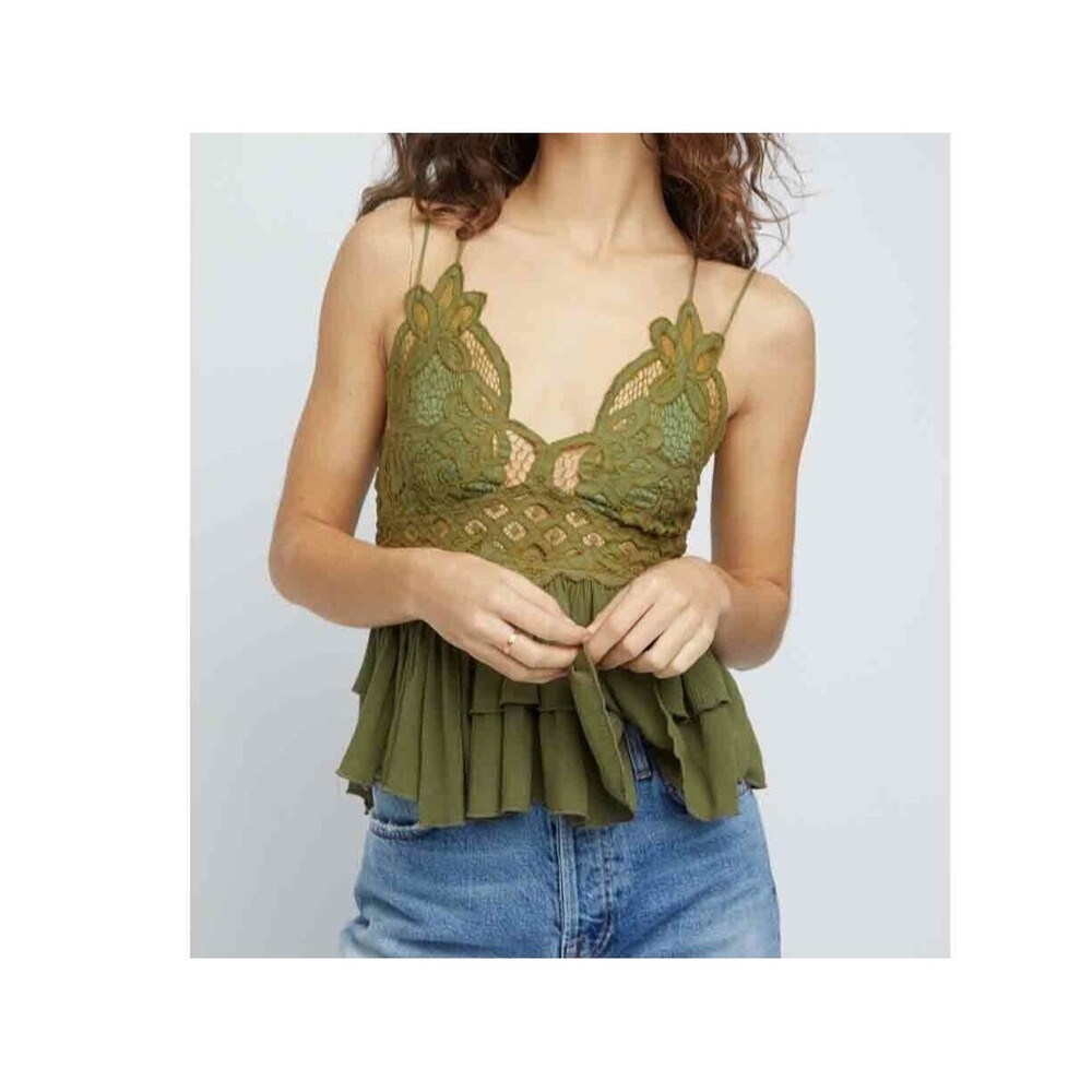 Intimately Free People Adella Cami Blouse Top Crochet Lace Flowy Green XS 287084